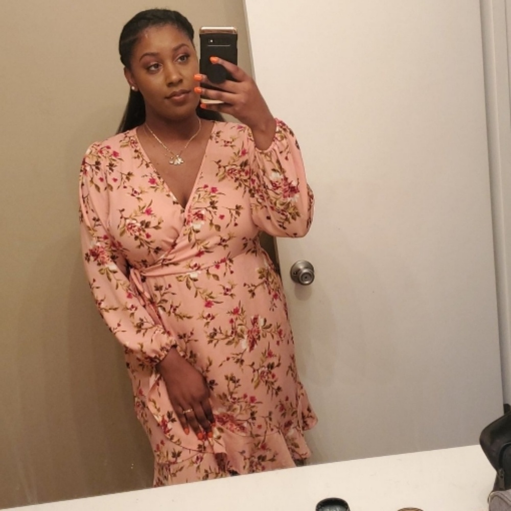 Peach Floral Wrap Style Knee Length Dress